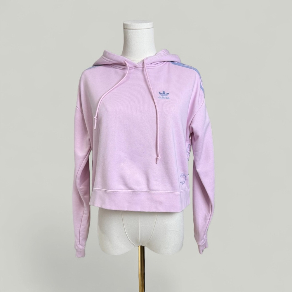 Adidas Sweatshirt Women Size XS Pink with Purple Stripes Rose Embroidered Hoodie